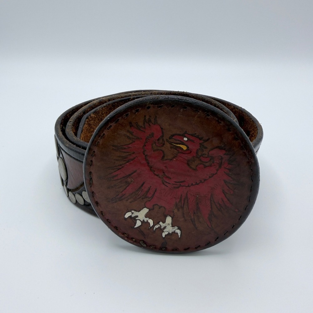 Vintage 1974 Handmade Studded Leather Belt Hand Painted Eagle Buckle Brown